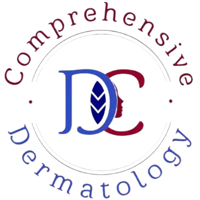Logo for “Comprehensive Dermatology” featuring overlapping blue and red letters “DC” with a stylized leaf in the center, enclosed by two partial circular lines. The words circle the logo with “Comprehensive” on top and “Dermatology” on bottom.