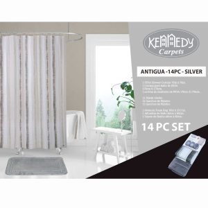 Juego de Alfombra y Cortina de Baño Plateado