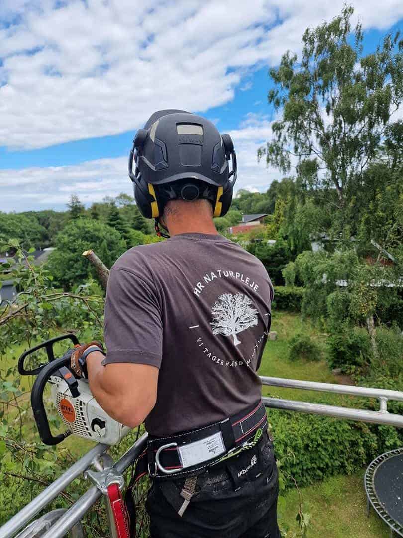 Anlægsgartner fra HR Naturpleje med sikkerhedsudstyr og motorsav