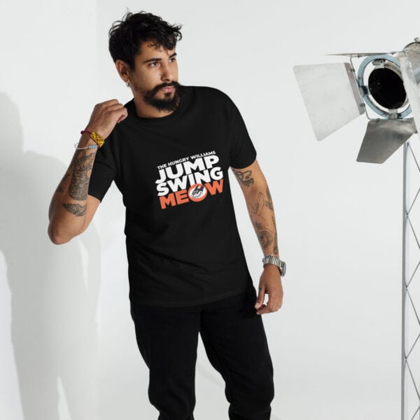 "Jump Swing Meow!" Men’s premium heavyweight tee in Black or Charcoal Heather - Image 4
