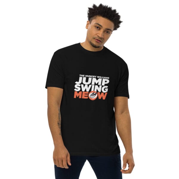 "Jump Swing Meow!" Men’s premium heavyweight tee in Black or Charcoal Heather