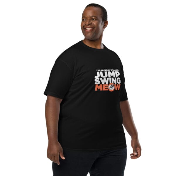 "Jump Swing Meow!" Men’s premium heavyweight tee in Black or Charcoal Heather - Image 2