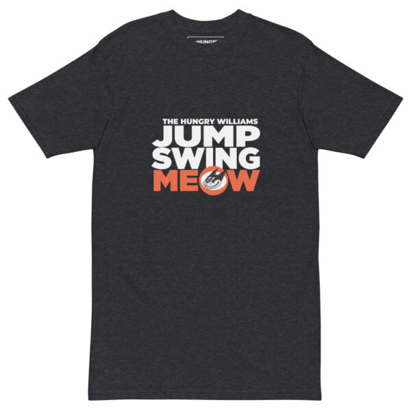 "Jump Swing Meow!" Men’s premium heavyweight tee in Black or Charcoal Heather - Image 6