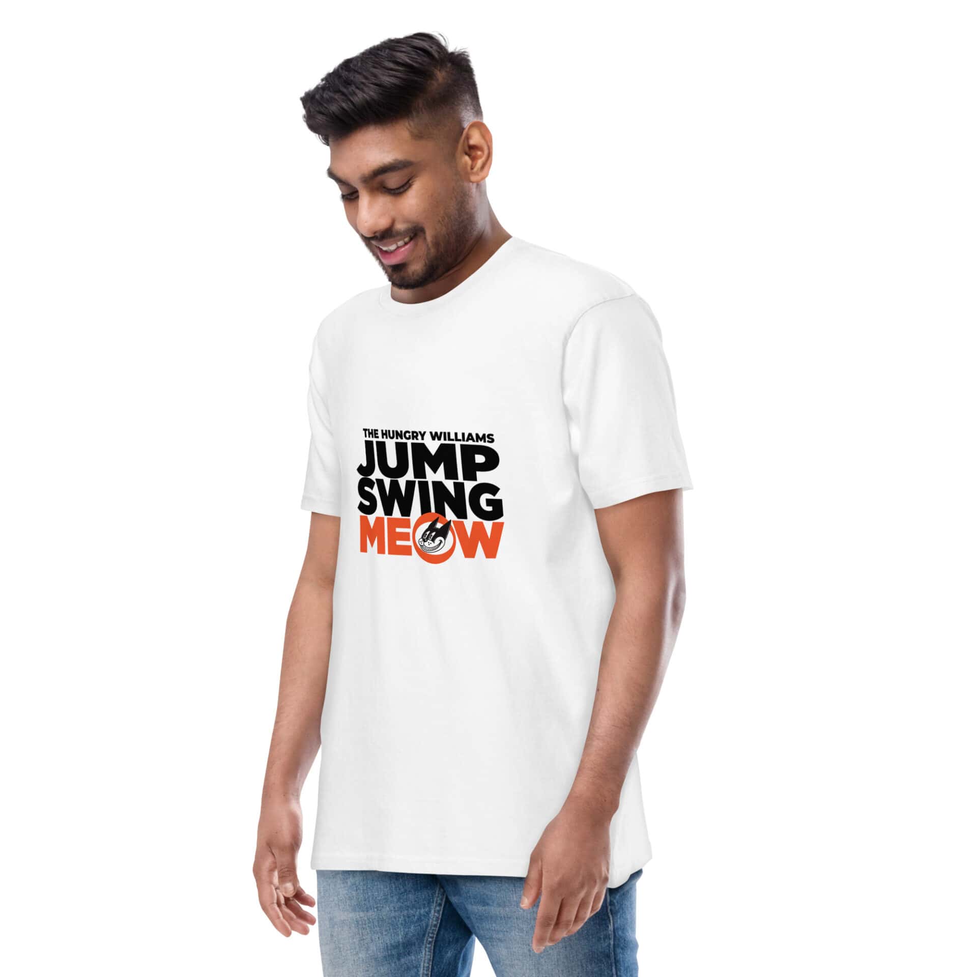 "Jump Swing Meow!" Men’s premium heavyweight tee in white
