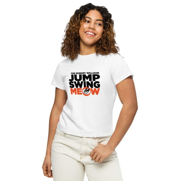 "Jump Swing Meow!" Women’s high-waisted t-shirt in white