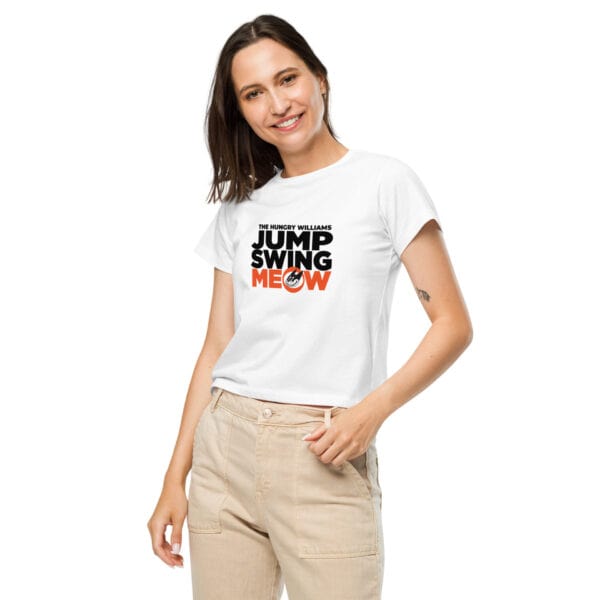 "Jump Swing Meow!" Women’s high-waisted t-shirt in white - Image 3