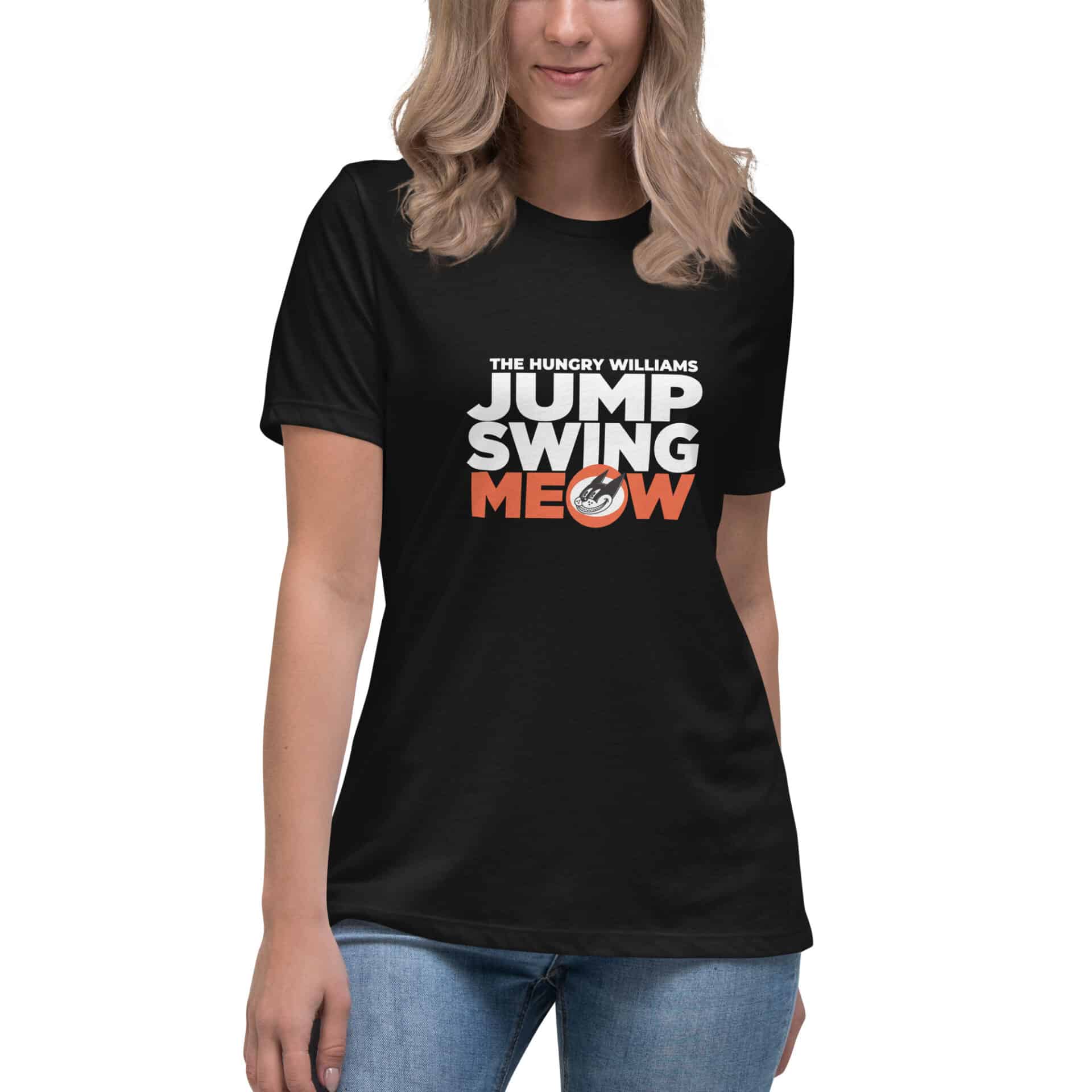 "Jump Swing Meow" Women's Relaxed T-Shirt in Black and Vintage Black