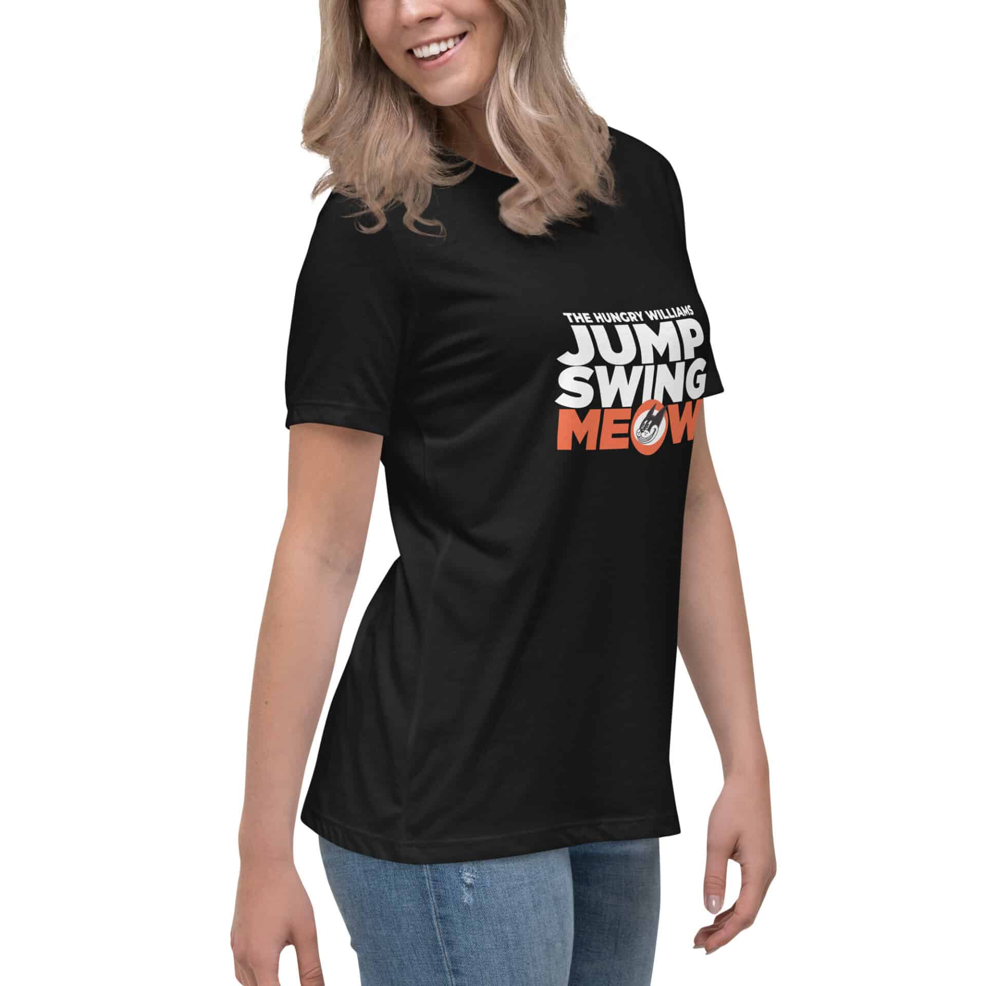 "Jump Swing Meow" Women's Relaxed T-Shirt in Black and Vintage Black - Image 13