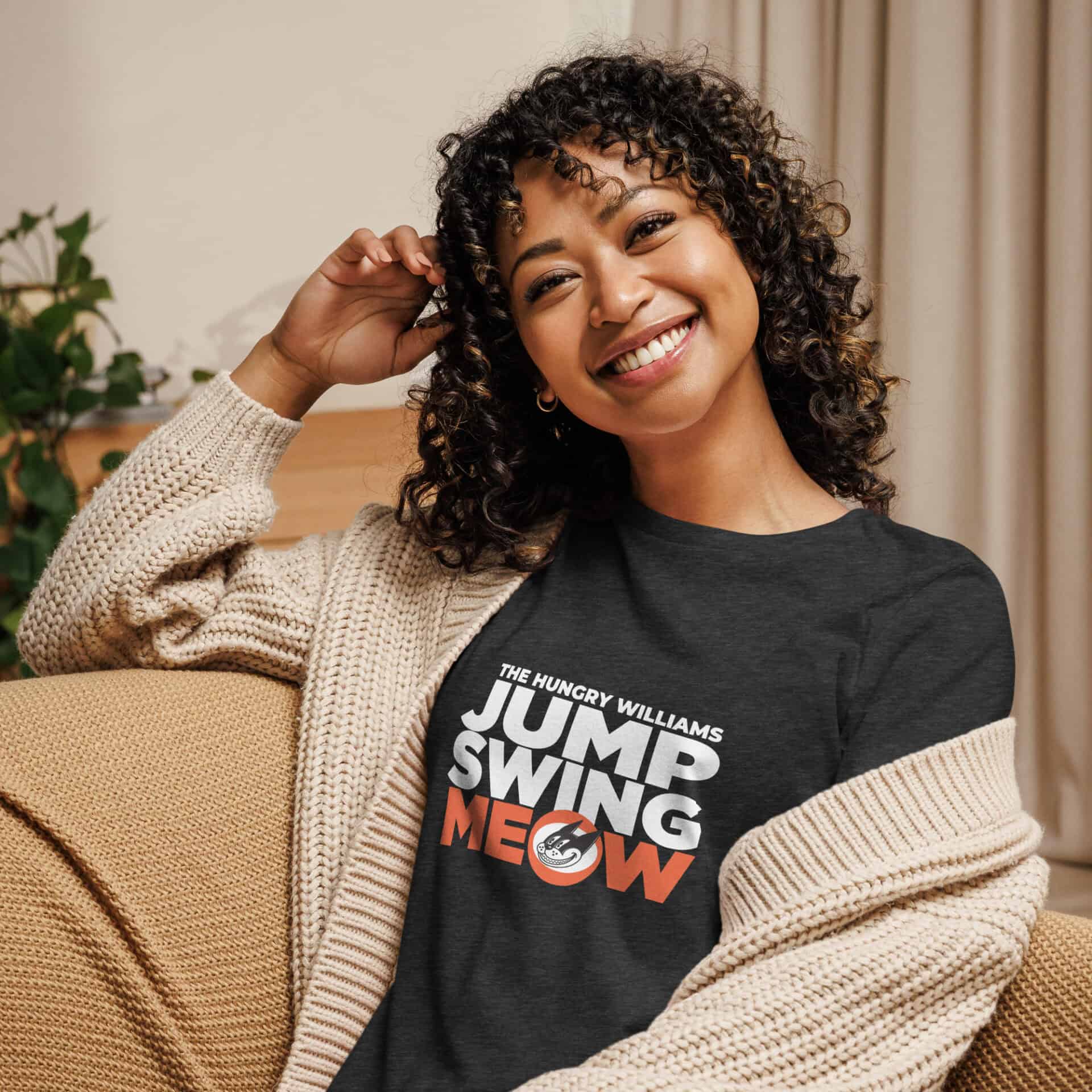 "Jump Swing Meow" Women's Relaxed T-Shirt in Black and Vintage Black - Image 7