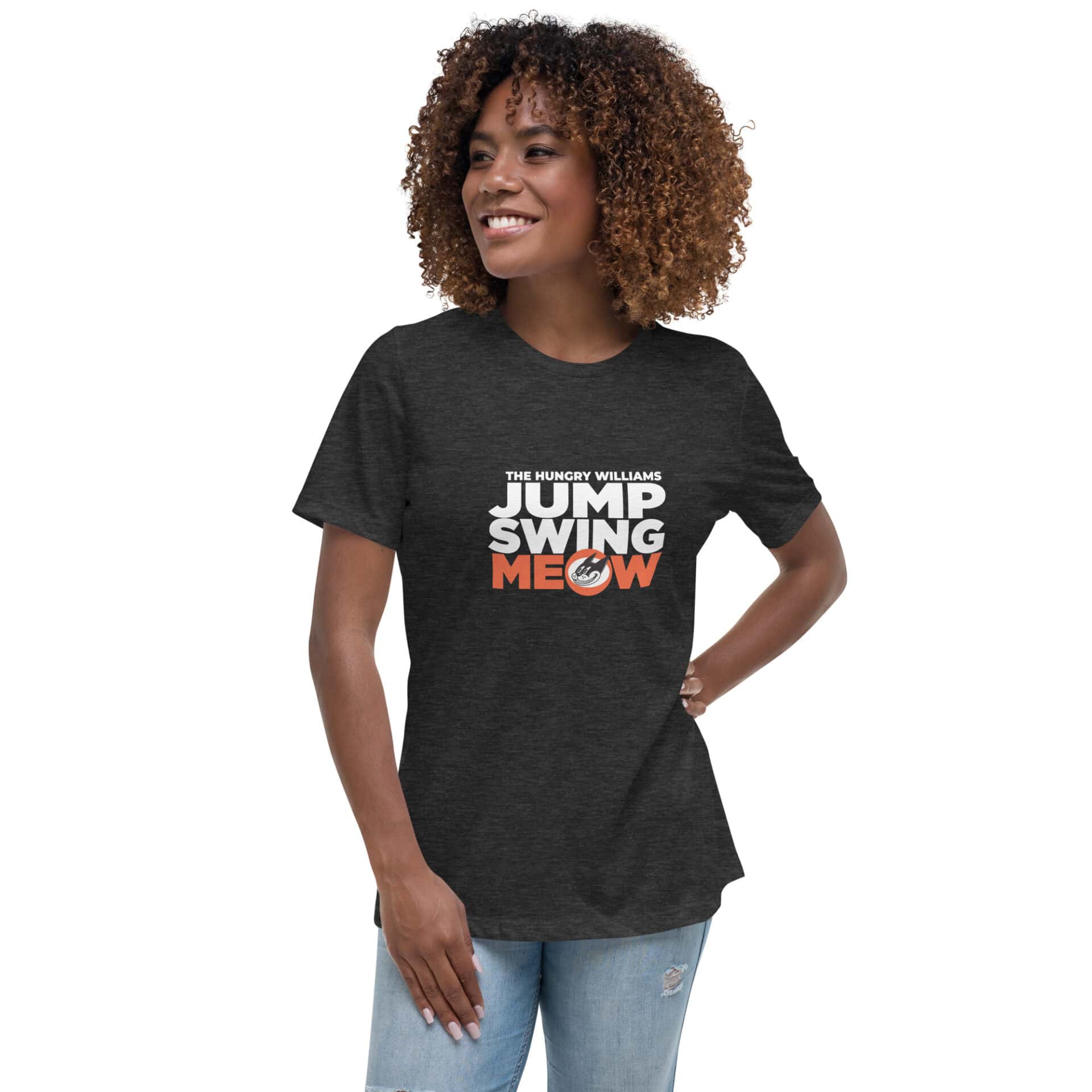 "Jump Swing Meow" Women's Relaxed T-Shirt in Black and Vintage Black - Image 9