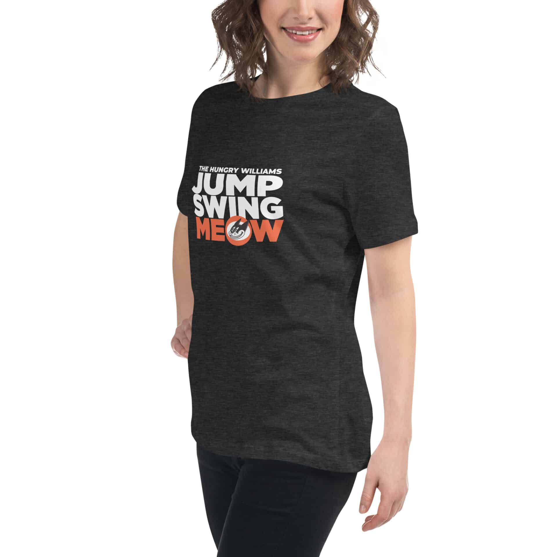 "Jump Swing Meow" Women's Relaxed T-Shirt in Black and Vintage Black - Image 4
