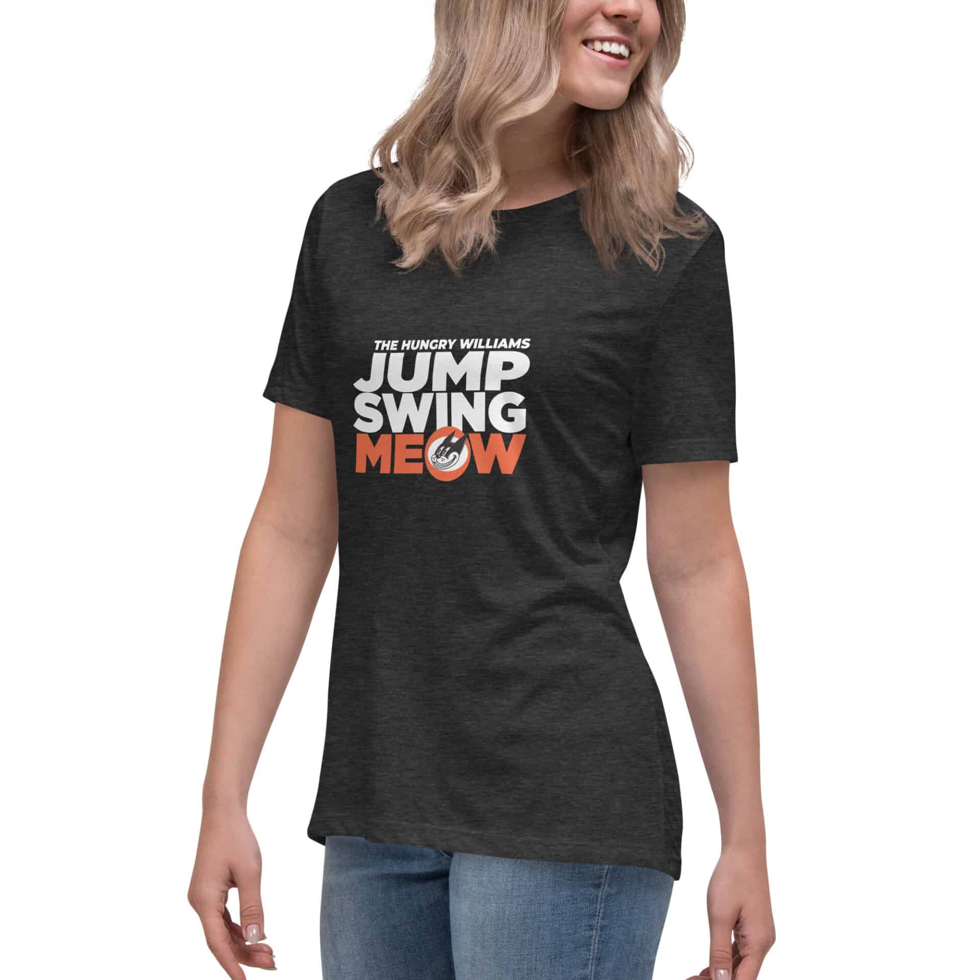 "Jump Swing Meow" Women's Relaxed T-Shirt in Black and Vintage Black - Image 17