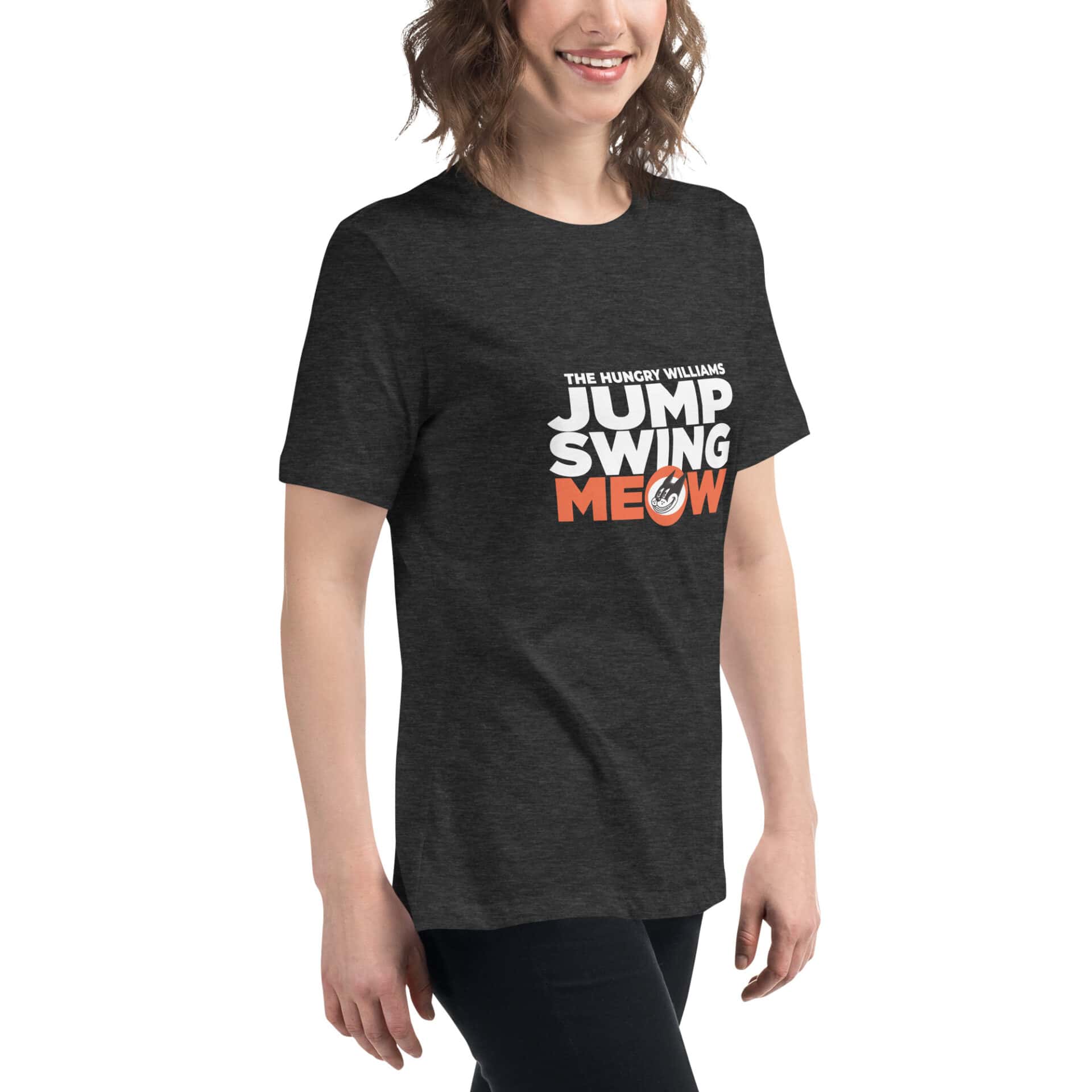"Jump Swing Meow" Women's Relaxed T-Shirt in Black and Vintage Black - Image 2
