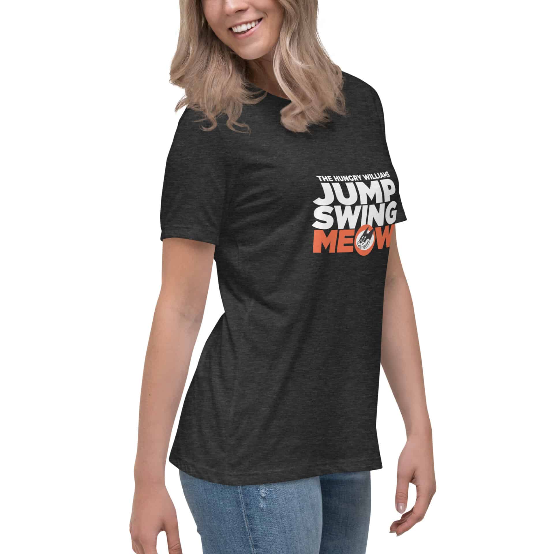 "Jump Swing Meow" Women's Relaxed T-Shirt in Black and Vintage Black - Image 19