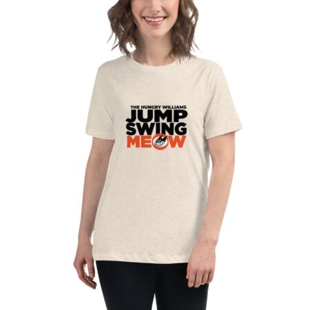 "Jump Swing Meow" Women's Relaxed T-Shirt in white or natural