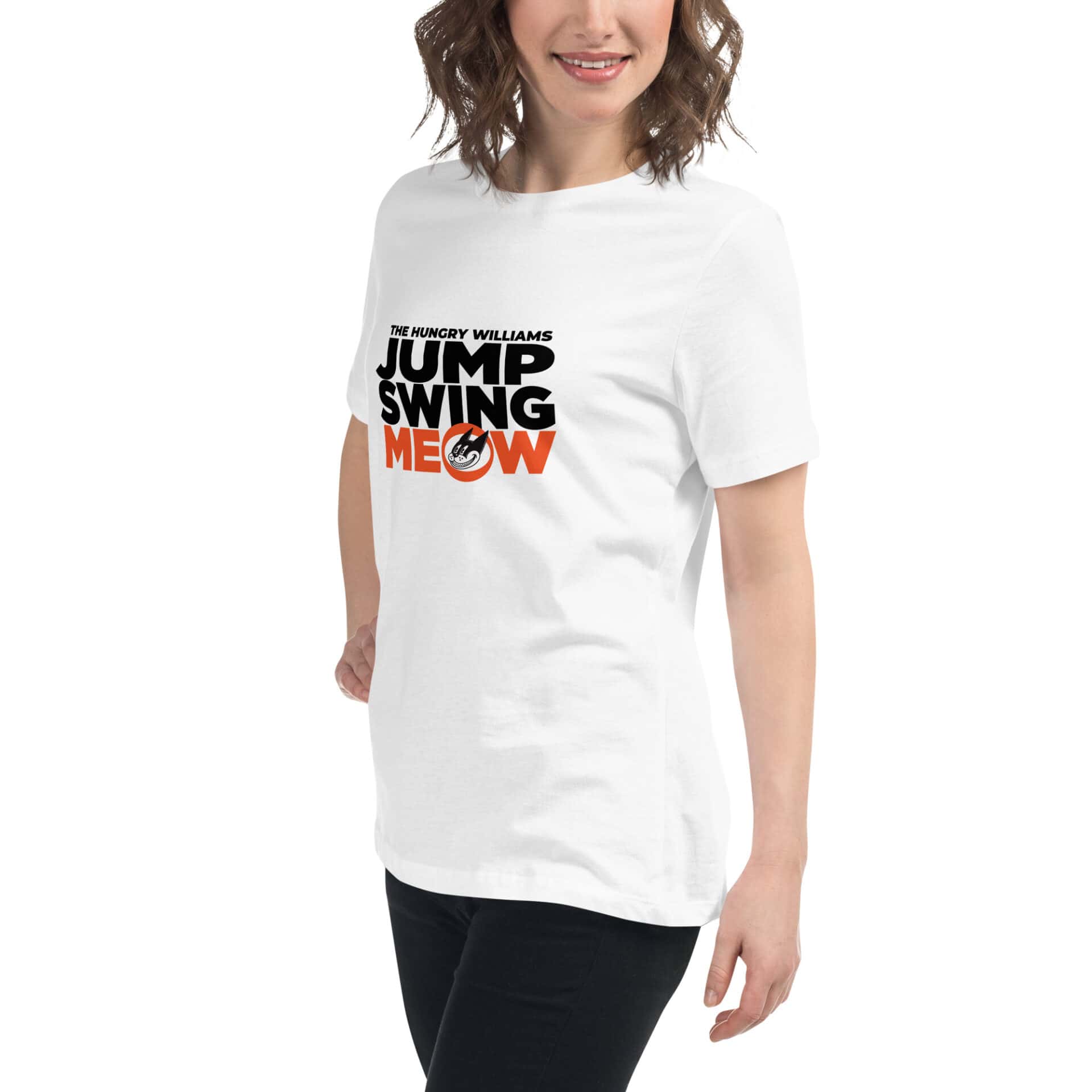 "Jump Swing Meow" Women's Relaxed T-Shirt in white or natural - Image 13