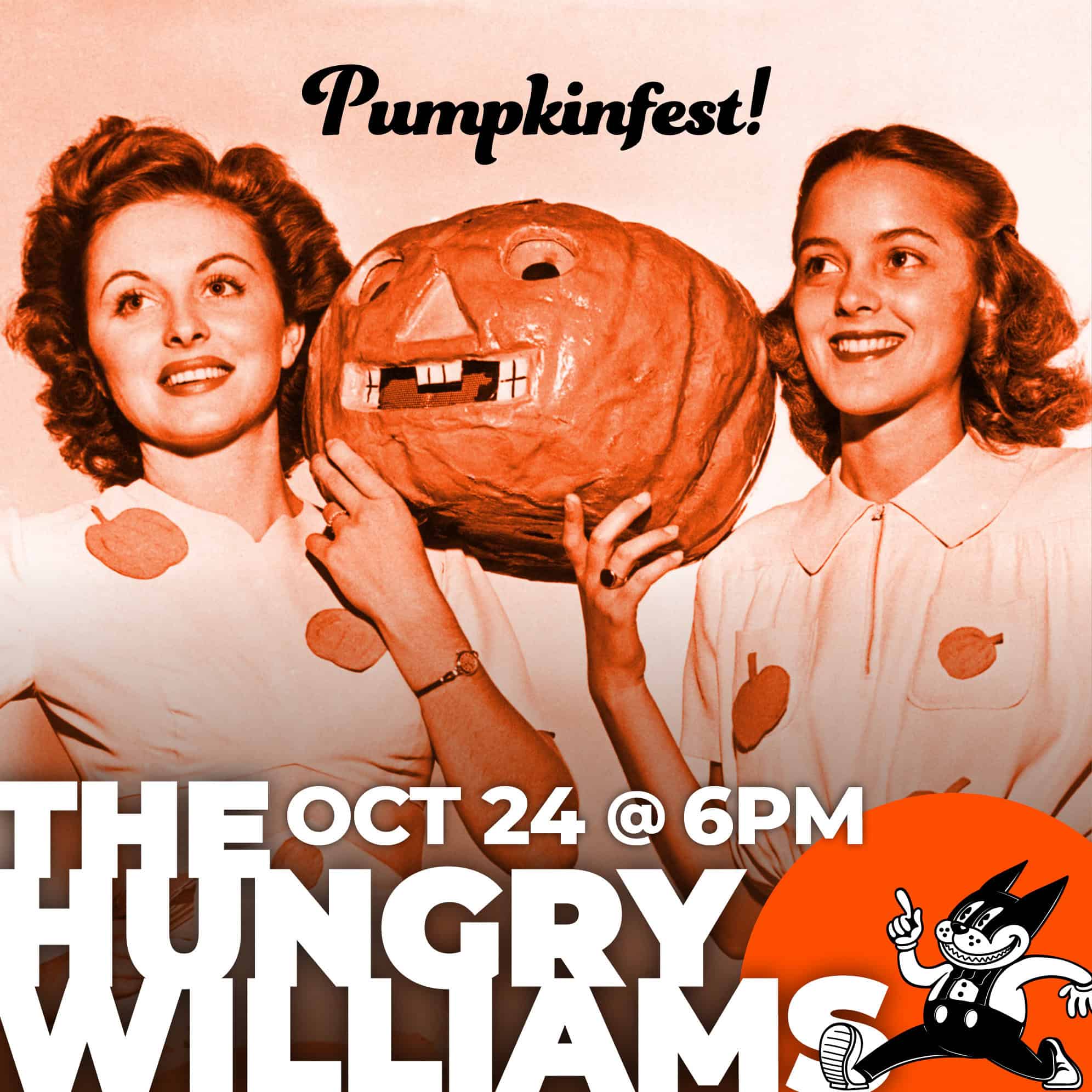 Two 40s era women holding up a pumpkin with the title "Pumpkinfest"