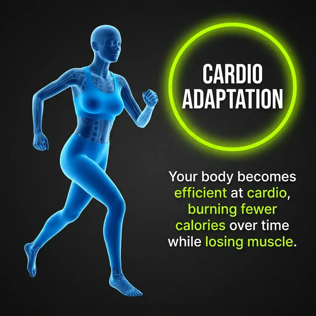Woman over 40 on treadmill frustrated that cardio is not reducing inner thigh fat.