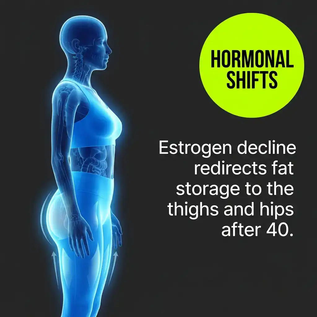 Diagram showing how estrogen decline after 40 drives inner thigh fat storage in women.