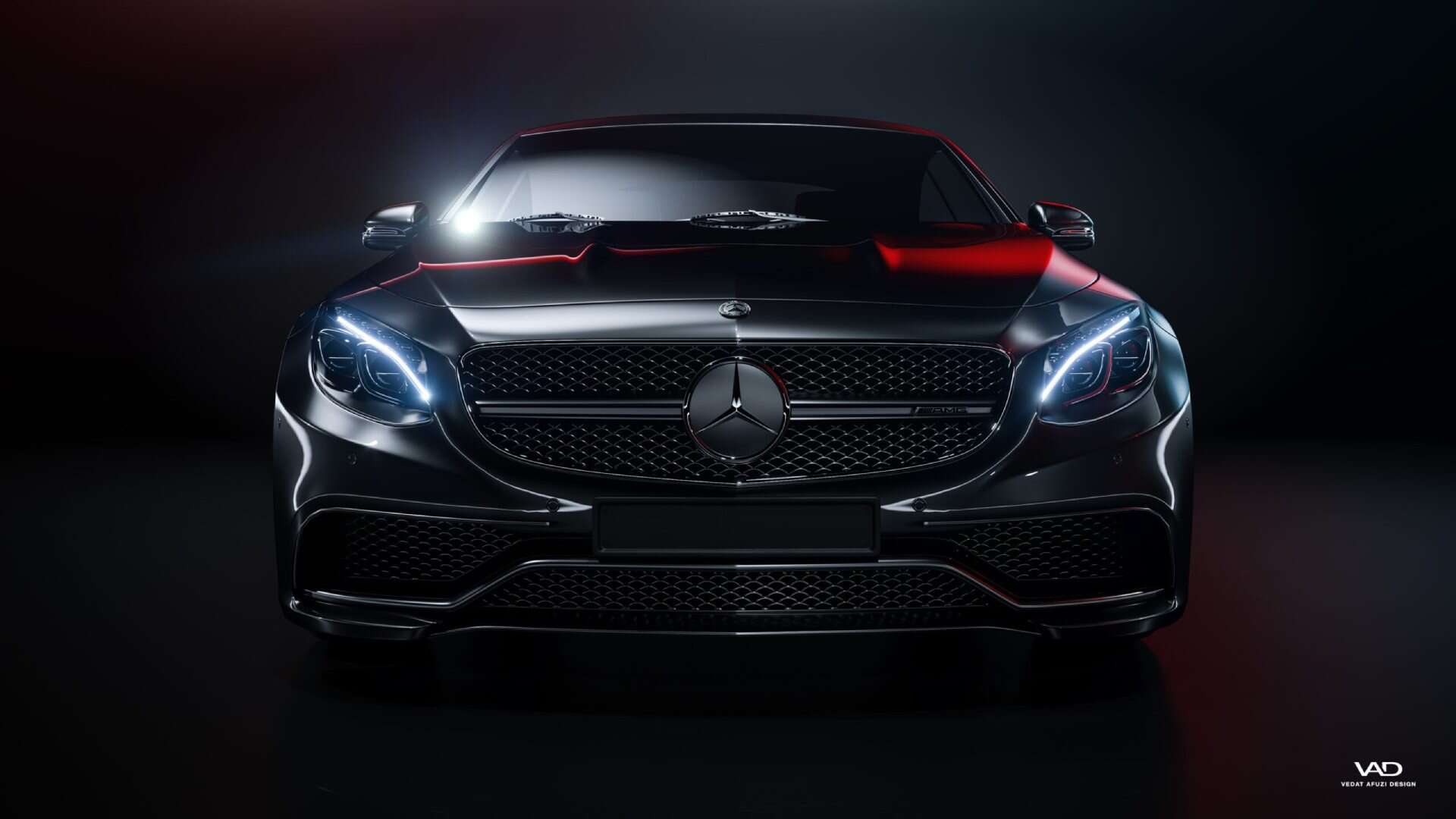 Fronten af en sort Mercedes-Benz AMG med røde LED-positionslys i et mørkt studie