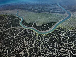 Aerial view of a teal-colored river in the Bay of Cádiz, Spain. Edward Burtynsky Water series.