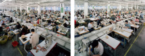 Two panels showing large room filled with workers at sewing machines. Edward Burtynsky, China.