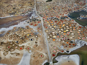 Aerial view of many brightly colored circular salt ponds. Edward Burtynsky, African Studies series.