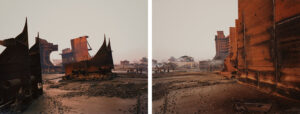 Diptych image of broken ship components scattered across a muddy field. Edward Burtynsky, Shipbreaking.