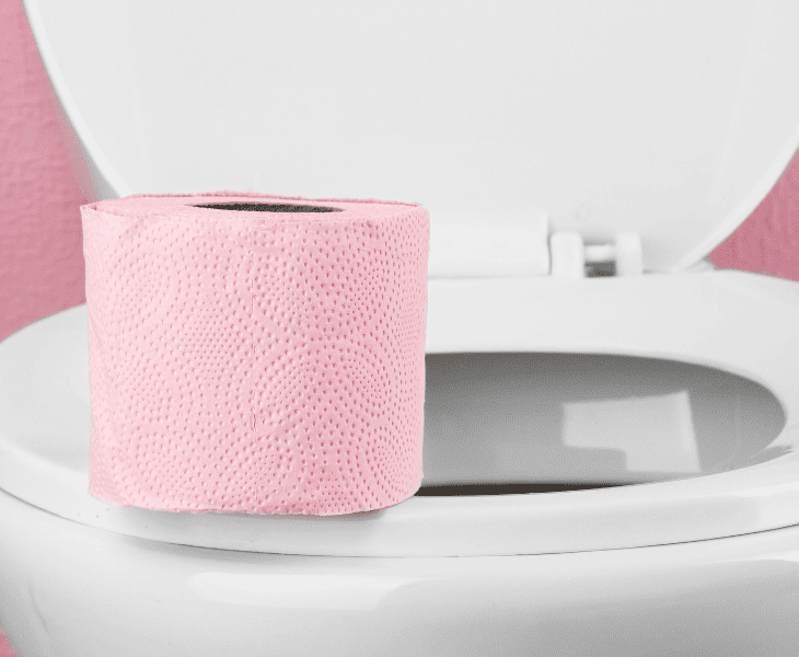 pink toilet paper on top of bowl