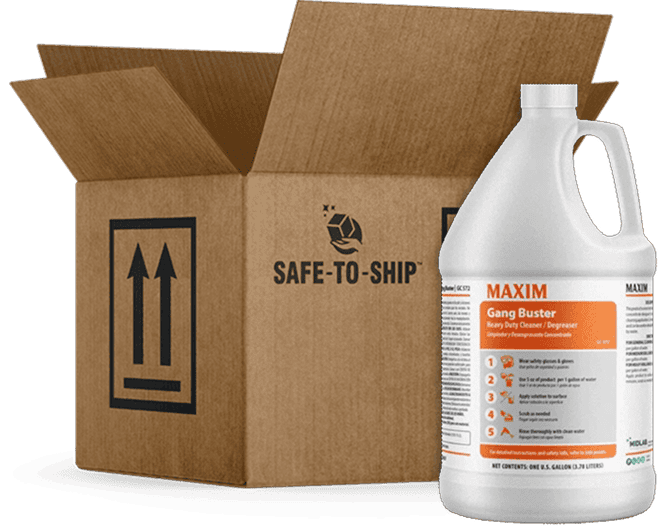 Open shipping box beside heavy-duty cleaner jug