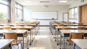 Empty classroom with desks, chairs, and whiteboard.