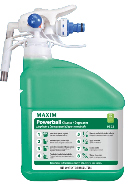Green MAXIM Powerball cleaner degreaser container with sprayer