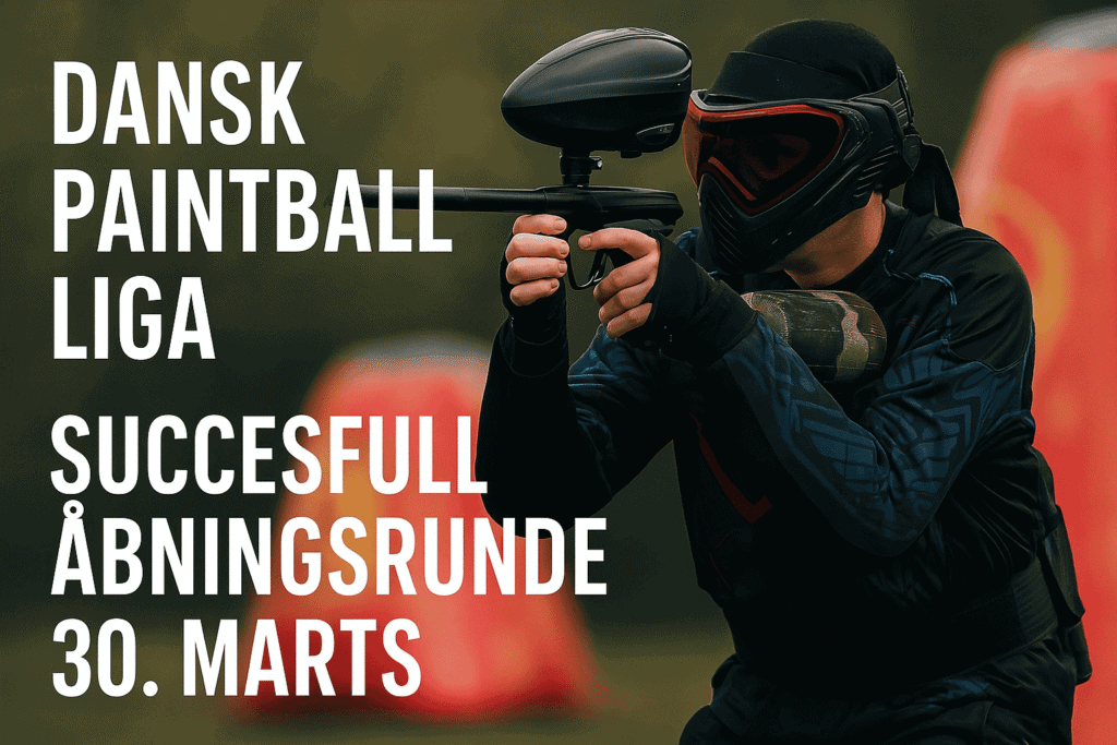Paintballspiller i fuld gear i aktion på professionel bane under Dansk Paintball Liga hos Midtjysk Event