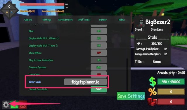 image illustrant l'option d'utilisation des codes de Sakura Stand