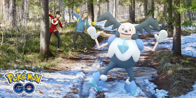 Forêt enneigée avec 3 personnages de Pokémon Go