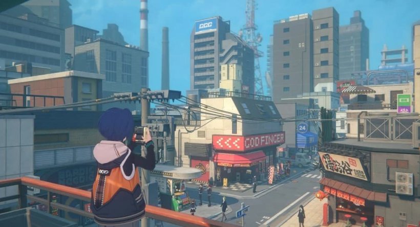 Image d'une ville dans le jeu Zenless Zone Zero. Un enfant avec un appareil photo semble prendre des photos du paysage.