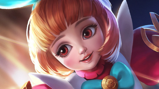 Art de Mobile Legends montrant une jeune femme avec de grands yeux et une coupe de cheveux blonde. Son apparence évoque un conte de fées, avec une tenue mignonne.
