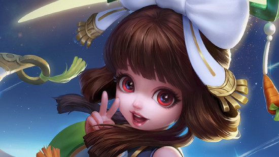 Art de Mobile Legends montrant une jeune personne avec de grands yeux rouges, faisant un signe de paix avec ses doigts. Son style est très mignon et hyper-cartoon.