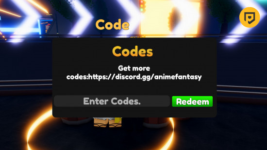 Capture d'écran de la page de redemption des codes Anime Fantasy