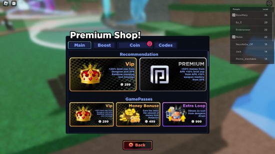 Codes pour Anime Dungeon Fighters : l'onglet des codes dans la boutique du jeu