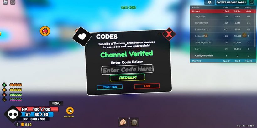 Écran noir avec une zone de texte pour entrer les codes cadeaux de One Fruit