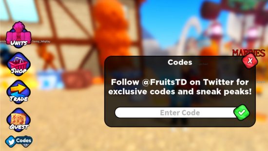 Écran de redemption des codes de Fruit Tower Defense
