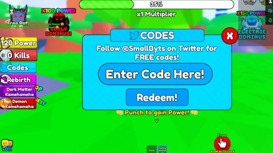 Écran de saisie des codes du Kamehameha Simulator 