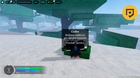 Écran de redemption des codes de Slayer Online devant du sable et des arbres