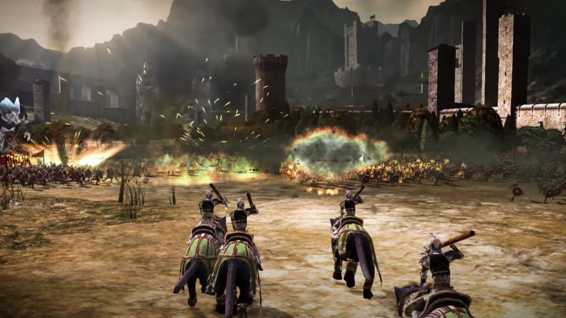 Personnages de Dawn of Titans chargeant en bataille à cheval.