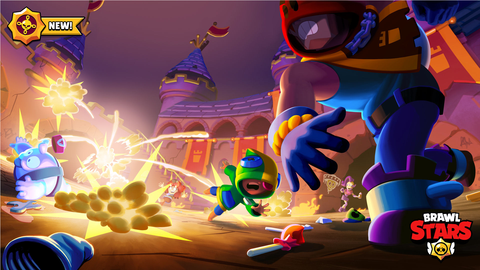 Image promotionnelle de Brawl Stars montrant des personnages dans une grande bataille.