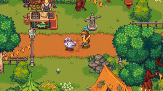 Capture d'écran d'Emily poursuivant une oie dans Bloomtown: A Different Story pour la liste des meilleurs jeux similaires à Stardew Valley