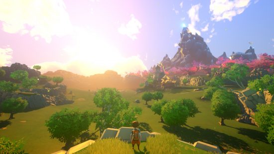 Vue d'une grande vallée dans Yonder: The Cloud Catcher Chronicles pour la liste des meilleurs jeux similaires à Stardew Valley
