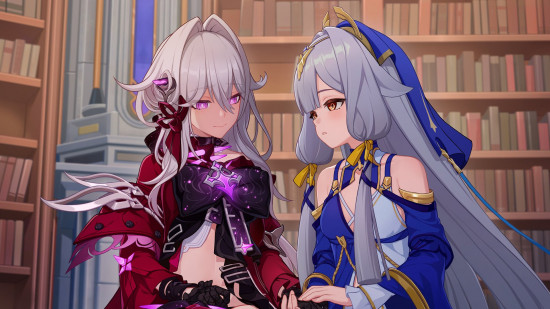 Jeux similaires à Genshin Impact : Deux personnages de Honkai Impact 3rd assis ensemble, main dans la main.