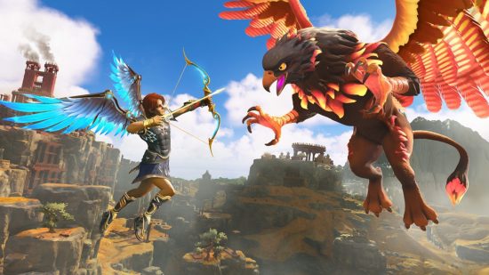 Jeux similaires à Genshin Impact : Un personnage roux ailé visant avec un arc un oiseau géant enflammé en plein vol dans Immortals Fenyx Rising.